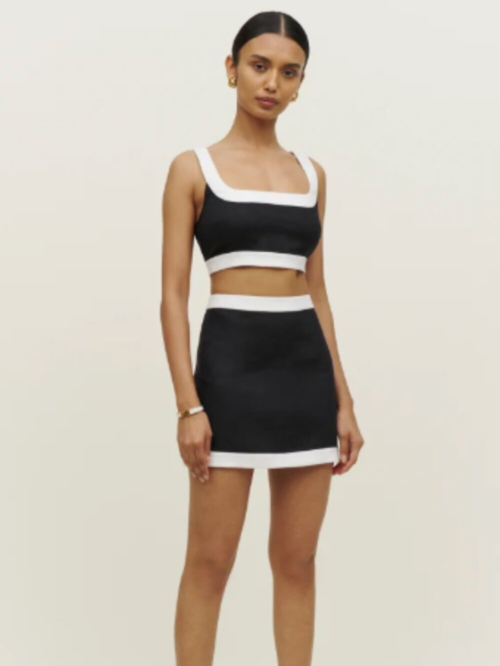 Reformation Robbie Linen Two Piece Set Black White Size 4 Mini Skirt Crop